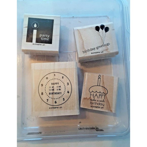 Retired Stampin' Up! "Time To Party" Stamp Set Wood Mounted Four Stamps - Picture 1 of 6